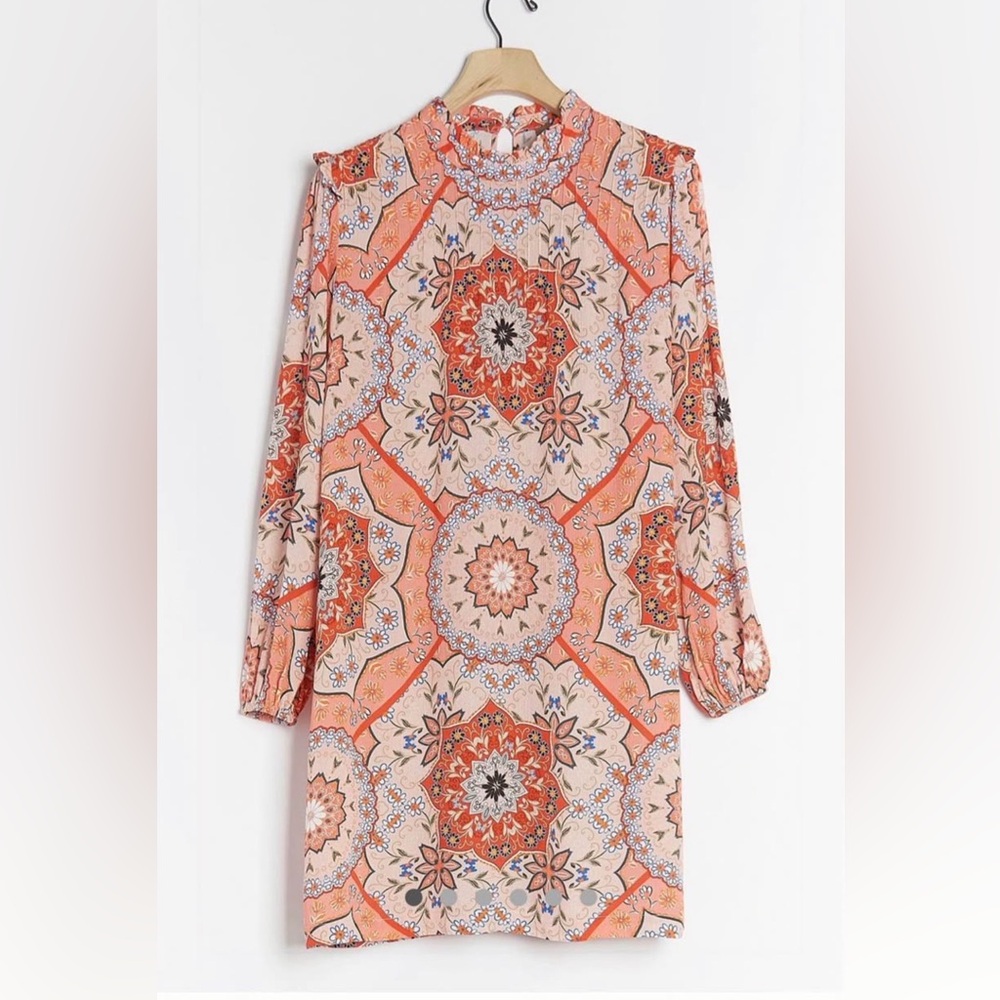 Anthropologie Coral and Peach Medallion Long-Sleeve Dress